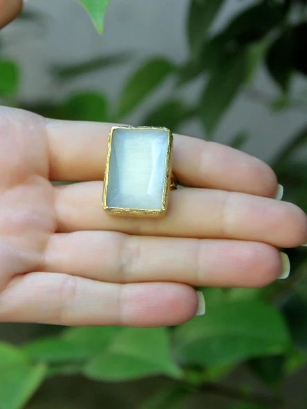 Kedi Gözü Cam Kadın Ayarlanabilir Altın Kaplama Yüzük Beyaz euy69b - Resim 3