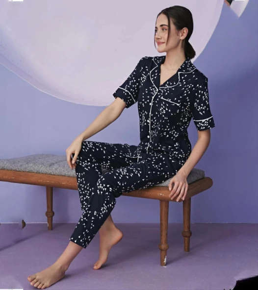 Miss Klein Kadın Büyük Beden Gömlek Yaka Pamuklu Likralı Kısa Kol Pijama Takımı 1130 - 1 Adet  XL Lacivert