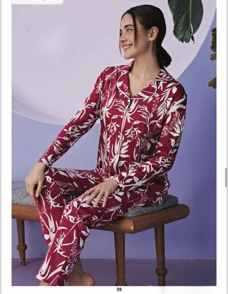 Miss Klein Kadın Büyük Beden Gömlek Yaka Pamuklu Likralı Uzun Kol Pijama Takımı 1129 - 1 Adet 2XL Vişne