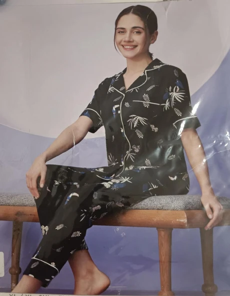 Miss Klein Kadın Büyük Beden Gömlek Yaka Pamuklu Likralı Kısa Kol Pijama Takımı 1138 - 1 Adet  Siyah 2XL - 2