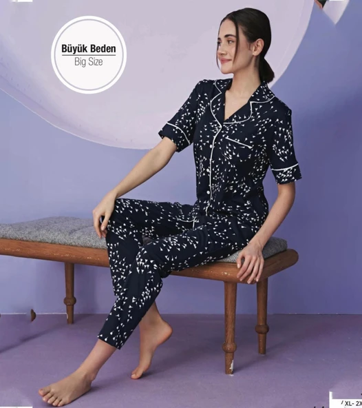 Miss Klein Kadın Büyük Beden Gömlek Yaka Pamuklu Likralı Kısa Kol Pijama Takımı 1130 - 1 Adet  XL Lacivert - 2