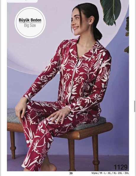 Miss Klein Kadın Büyük Beden Gömlek Yaka Pamuklu Likralı Uzun Kol Pijama Takımı 1129 - 1 Adet  Vişne 3XL - Resim 2