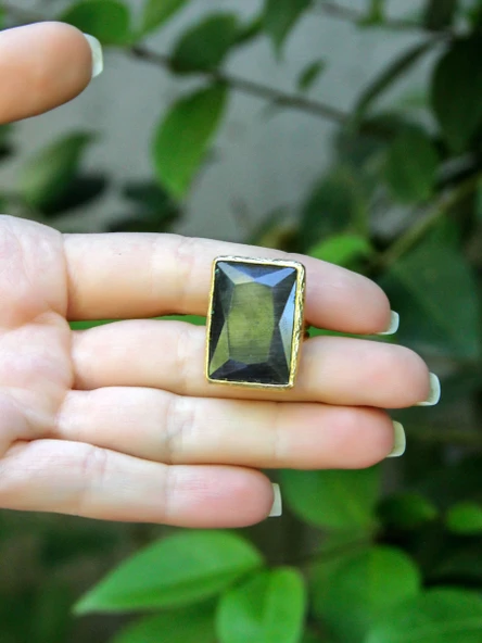 Kedi Gözü Cam Kadın Ayarlanabilir Altın Kaplama Yüzük Siyah euy69s - Resim 3