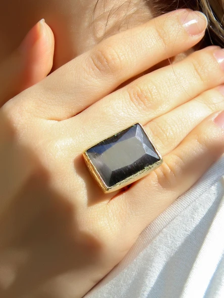 Kedi Gözü Cam Kadın Ayarlanabilir Altın Kaplama Yüzük Siyah euy69s - Resim 2