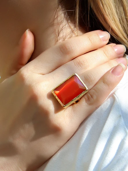 Kedi Gözü Cam Kadın Ayarlanabilir Altın Kaplama Yüzük Kırmızı euy69k - Resim 2