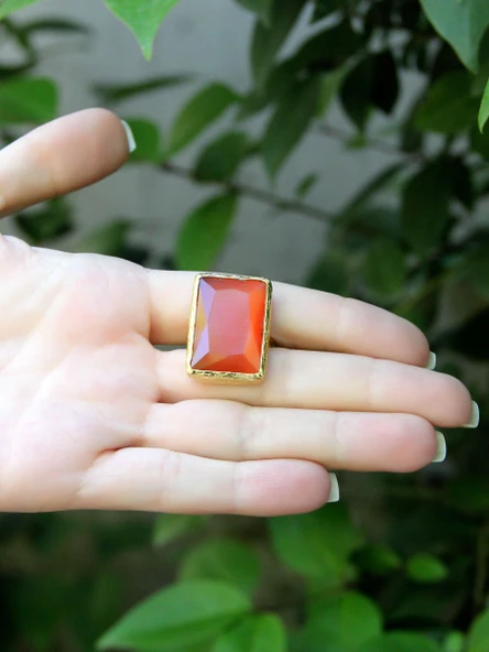 Kedi Gözü Cam Kadın Ayarlanabilir Altın Kaplama Yüzük Kırmızı euy69k - Resim 3