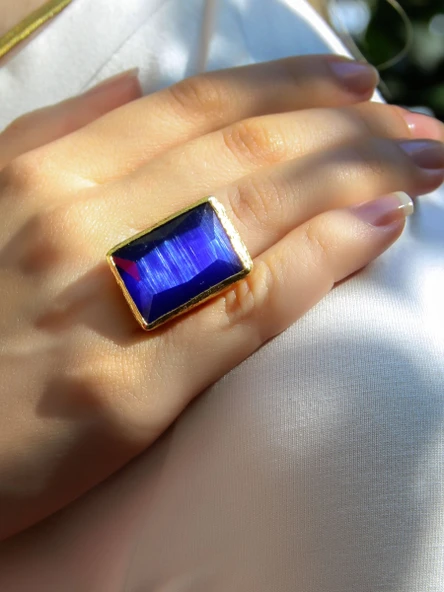 Kedi Gözü Cam Kadın Ayarlanabilir Altın Kaplama Yüzük Saks Mavi euy69sm - Resim 2