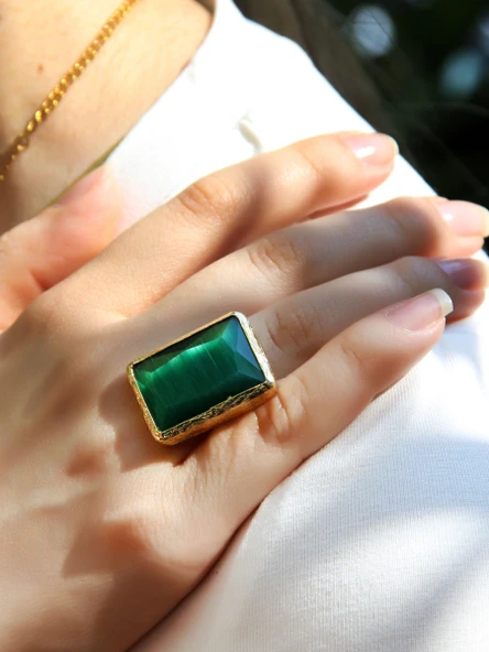 Kedi Gözü Cam Kadın Ayarlanabilir Altın Kaplama Yüzük Koyu Yeşil euy69ky ürün görseli