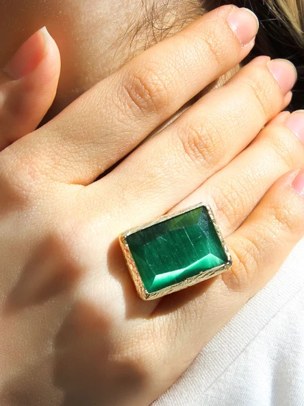 Kedi Gözü Cam Kadın Ayarlanabilir Altın Kaplama Yüzük Koyu Yeşil euy69ky - Resim 2