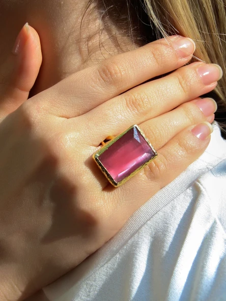 Kedi Gözü Cam Kadın Ayarlanabilir Altın Kaplama Yüzük Pembe euy69p - Resim 2