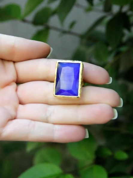 Kedi Gözü Cam Kadın Ayarlanabilir Altın Kaplama Yüzük Saks Mavi euy69sm - Resim 3