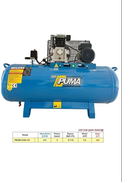 Puma 200 LT ALÜMİNYUM KAFA PİSTONLU KOMPRESÖR 3 HP, 8 BAR, 2 PİSTON,220 V MONOFAZE