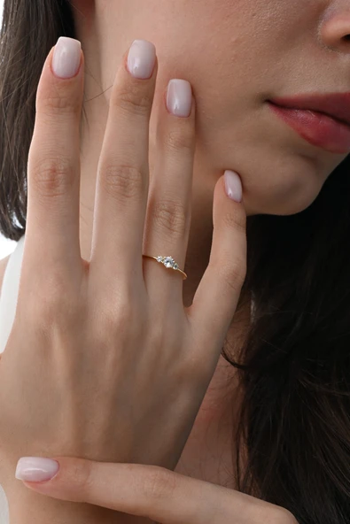 Gümüş altın yaldızlı zirkon taşlı tria modeli yüzük SGTL12880GOLD - Resim 2