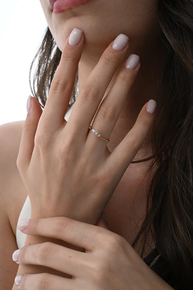 Gümüş altın yaldızlı zirkon taşlı tria modeli yüzük SGTL12880GOLD - Resim 3