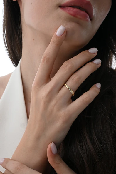 Gümüş altın yaldızlı zirkon taşlı harmony yüzük SGTL12881GOLD - Resim 3