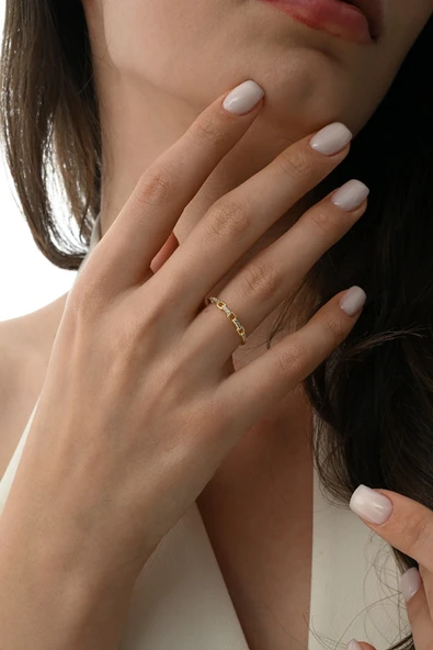 Gümüş altın yaldızlı zirkon taşlı chain yüzük SGTL12875GOLD - Resim 2