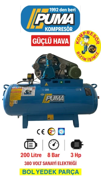 Puma 200 lt HAVA KOMPRESÖRÜ 3 HP 3 PİSTON 8 BAR 380 VOLT DÖKÜM KAFA YAĞLI ürün görseli