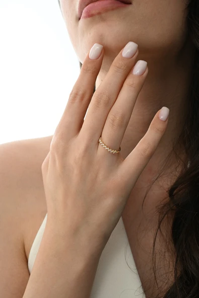 Gümüş altın yaldızlı zirkon taşlı zikzak modeli luna yüzük SGTL12873GOLD - Resim 4