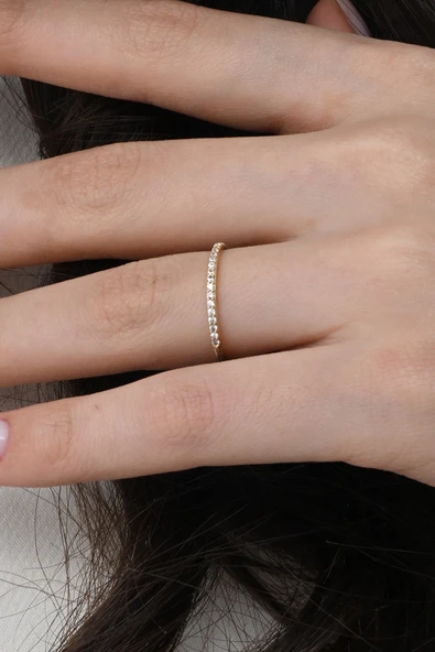 Gümüş altın yaldızlı yarım tur zirkon taşlı thin yüzük  SGTL12869GOLD ürün görseli
