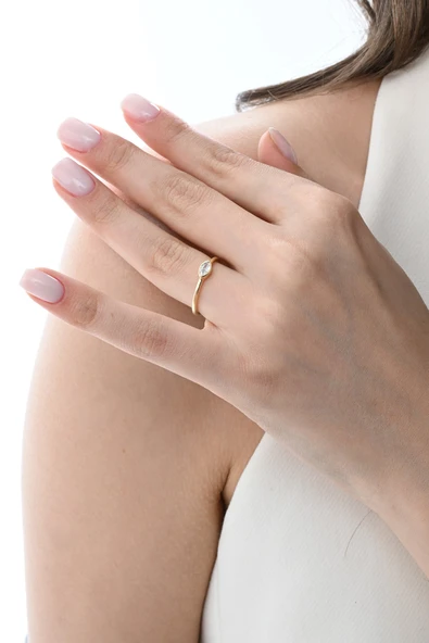 Gümüş altın yaldızlı mekik kesim zirkon taşlı zarif yüzük SGTL12868GOLD - Resim 5