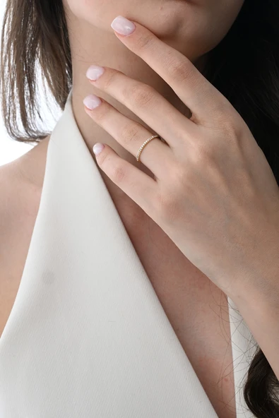 Gümüş altın yaldızlı yarım tur zirkon taşlı thin yüzük  SGTL12869GOLD - Resim 7