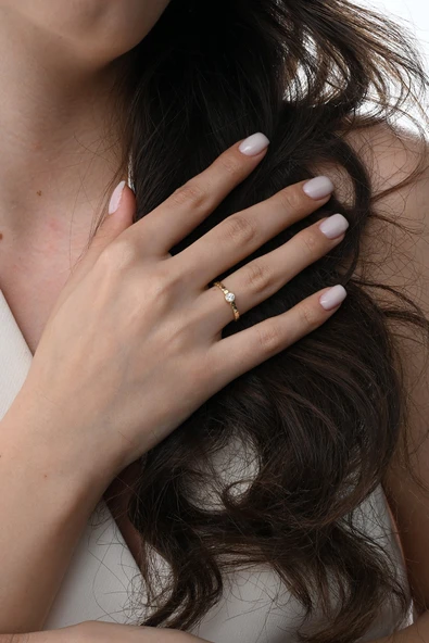 Gümüş altın yaldızlı zirkon taşlı noktalı pura yüzük  SGTL12871GOLD - Resim 4