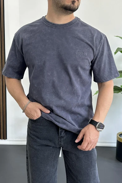Erkek Oversize Geniş Kesim Yıkamalı Kumaş Nakış Logolu Tişört Füme Edw366 - 1