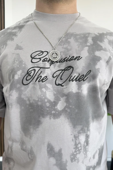 Erkek Oversize Ön ve Arka Kabartmalı Slogan Baskılı Tişört Gri Edw368 - Resim 6