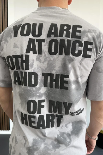 Erkek Oversize Ön ve Arka Kabartmalı Slogan Baskılı Tişört Gri Edw368 - Resim 5