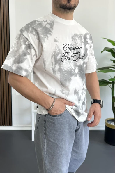 Erkek Oversize Ön ve Arka Kabartmalı Slogan Baskılı Tişört Beyaz Edw368 - 4