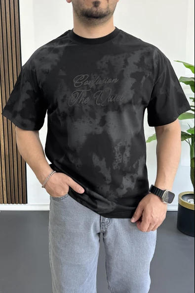 Erkek Oversize Ön ve Arka Kabartmalı Slogan Baskılı Tişört Siyah Edw368 - Resim 3