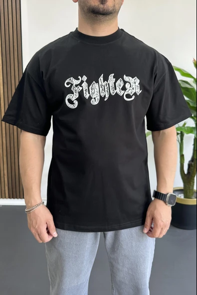 Erkek Oversize Ön ve Arka Kabartmalı Fighter Baskılı Tişört Siyah Edw367 - Resim 2