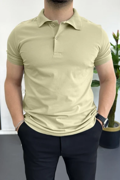 Erkek Slim Fit Düz Renk Pamuklu Soft Polo Tişört Bej Edw365 ürün görseli