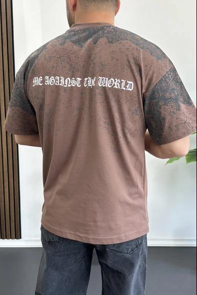 Erkek Oversize Ön ve arka baskılı Desenli Tişört Kahverengi Edw369 - Resim 2