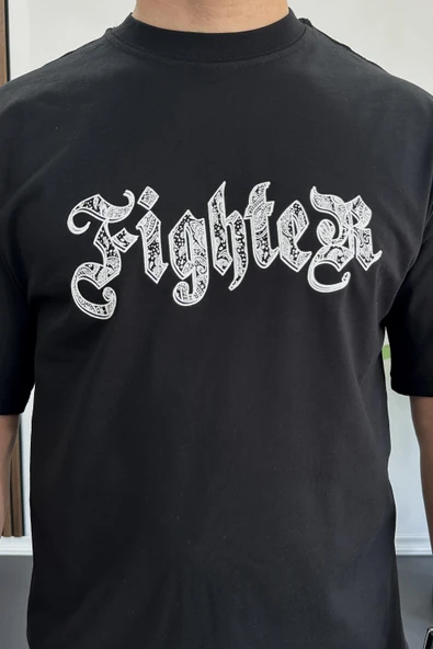 Erkek Oversize Ön ve Arka Kabartmalı Fighter Baskılı Tişört Siyah Edw367 - Resim 5
