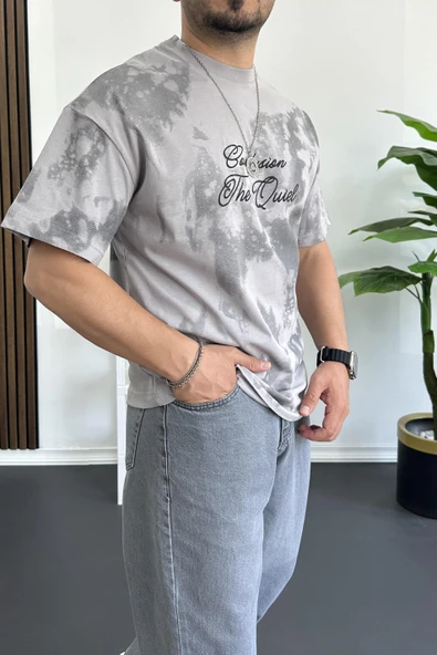 Erkek Oversize Ön ve Arka Kabartmalı Slogan Baskılı Tişört Gri Edw368 - Resim 4
