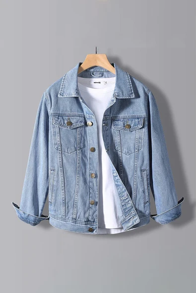 Erkek Slim Fit Sırt Baskılı Denim Kot Ceket Açık Mavi Edw382 - 2
