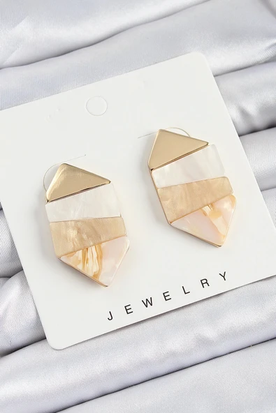 Pirinç Mermer Desenli Vintage Geometrik Model Gold Renk Kadın Küpe