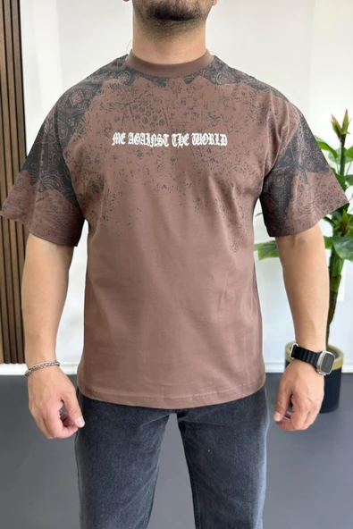 Erkek Oversize Ön ve arka baskılı Desenli Tişört Kahverengi Edw369 ürün görseli