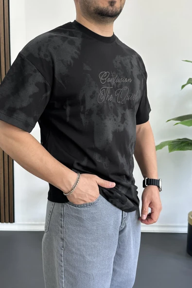 Erkek Oversize Ön ve Arka Kabartmalı Slogan Baskılı Tişört Siyah Edw368 - Resim 4