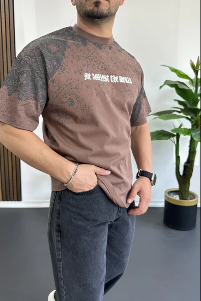 Erkek Oversize Ön ve arka baskılı Desenli Tişört Kahverengi Edw369 - Resim 4