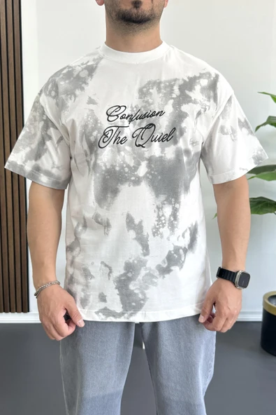 Erkek Oversize Ön ve Arka Kabartmalı Slogan Baskılı Tişört Beyaz Edw368 - 1