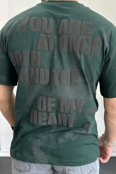 Erkek Oversize Ön ve Arka Kabartmalı Slogan Baskılı Tişört Yeşil Edw368 - 4