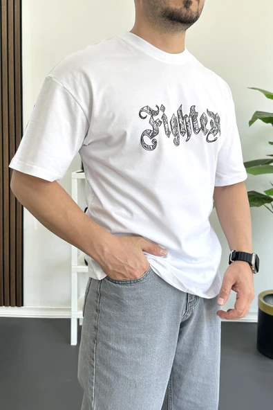 Erkek Oversize Ön ve Arka Kabartmalı Fighter Baskılı Tişört Beyaz Edw367 - Resim 4