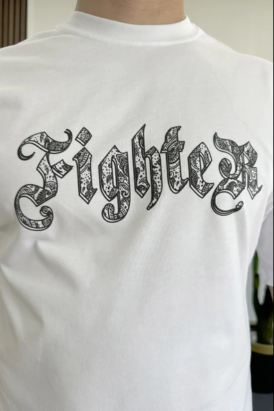 Erkek Oversize Ön ve Arka Kabartmalı Fighter Baskılı Tişört Beyaz Edw367 - Resim 6