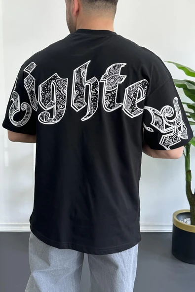 Erkek Oversize Ön ve Arka Kabartmalı Fighter Baskılı Tişört Siyah Edw367 ürün görseli