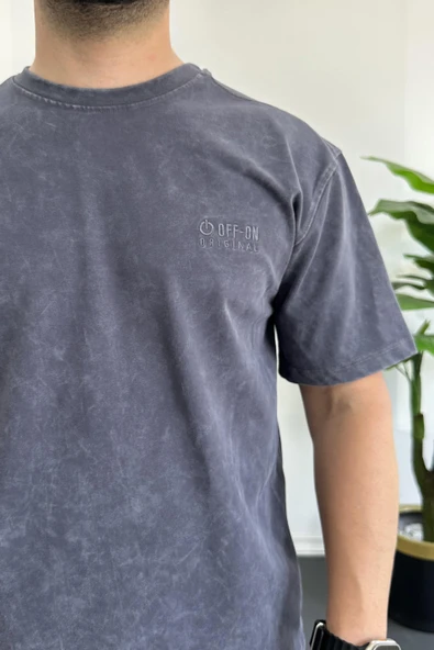 Erkek Oversize Geniş Kesim Yıkamalı Kumaş Nakış Logolu Tişört Füme Edw366 - 5