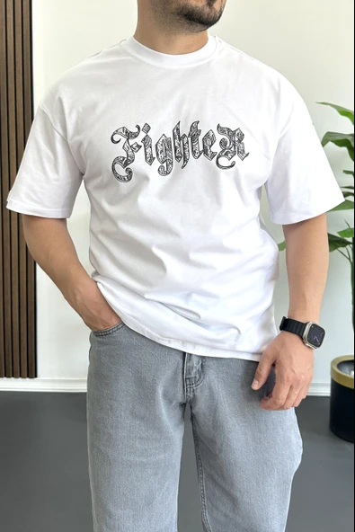 Erkek Oversize Ön ve Arka Kabartmalı Fighter Baskılı Tişört Beyaz Edw367 - Resim 3