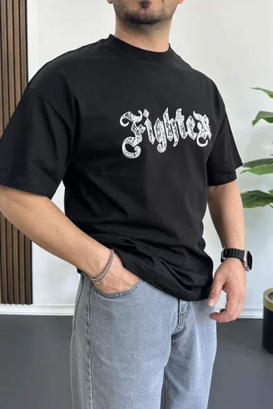 Erkek Oversize Ön ve Arka Kabartmalı Fighter Baskılı Tişört Siyah Edw367 - Resim 4