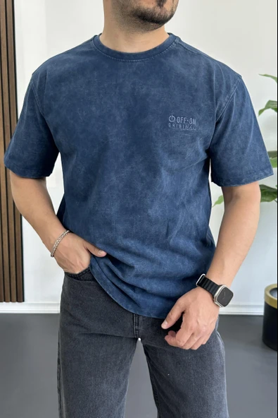 Erkek Oversize Geniş Kesim Yıkamalı Kumaş Nakış Logolu Tişört Mavi Edw366 ürün görseli